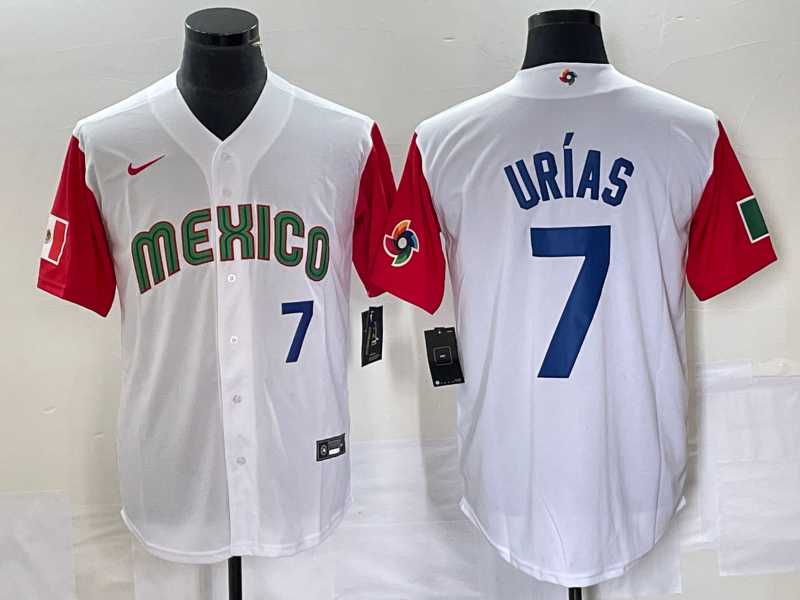 Men%27s Mexico Baseball #7 Julio Urias Number 2023 White Red World Classic Stitched Jersey1